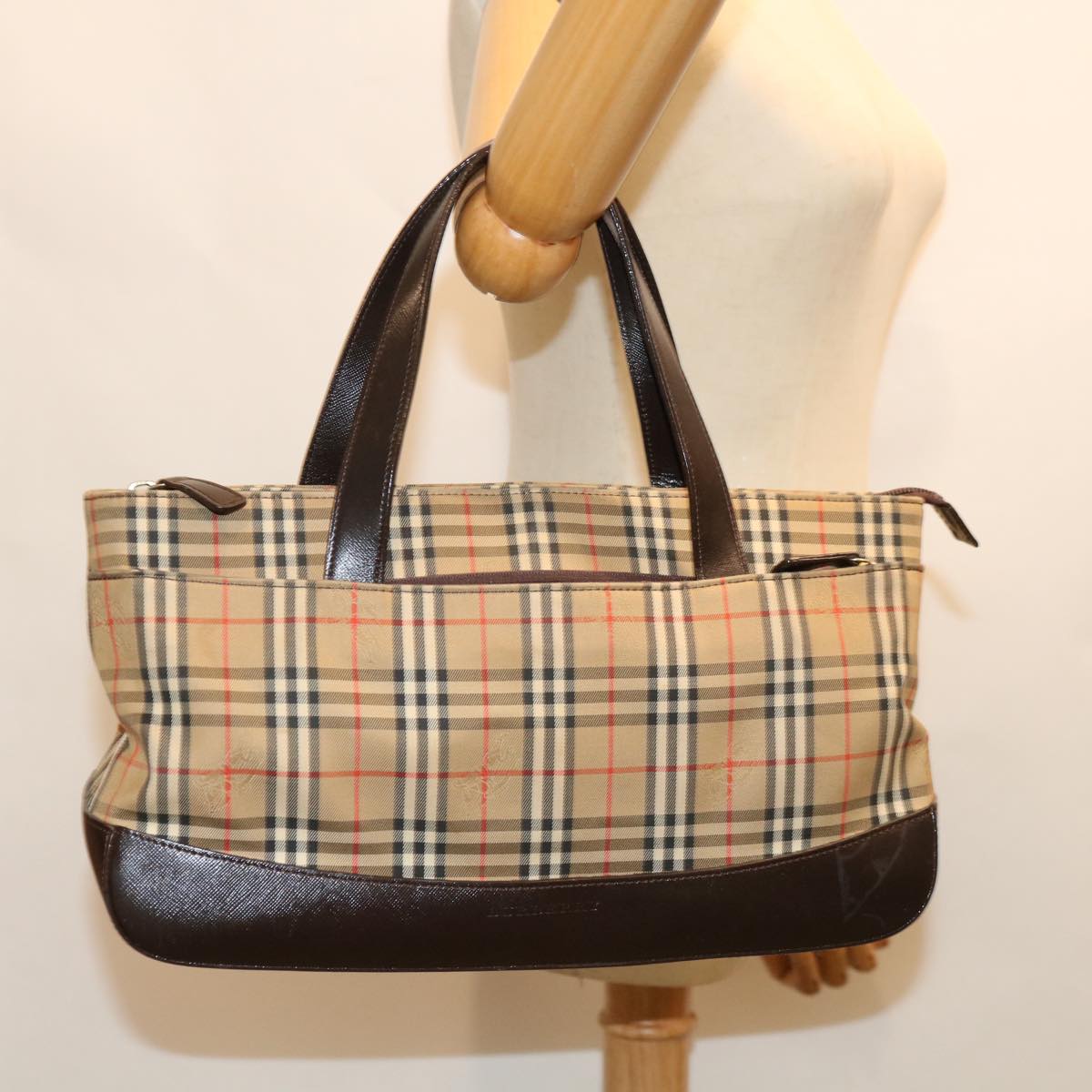 BURBERRY Nova Check Hand Bag Canvas Beige Auth ki4208