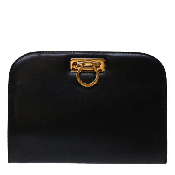 Salvatore Ferragamo Gancini Chain Shoulder Bag Leather Black Auth ki4289