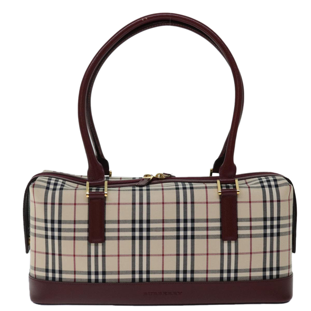 BURBERRY Nova Check Hand Bag Canvas Leather Beige Wine Red Auth ki4316