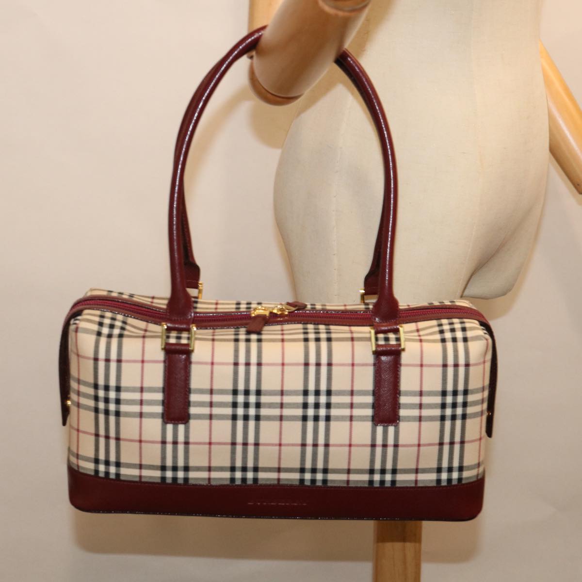 BURBERRY Nova Check Hand Bag Canvas Leather Beige Wine Red Auth ki4316