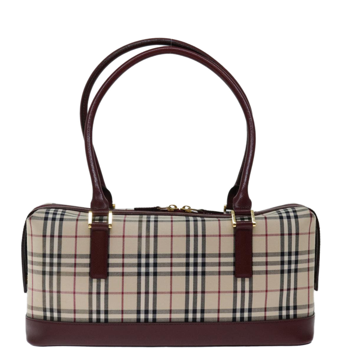 BURBERRY Nova Check Hand Bag Canvas Leather Beige Wine Red Auth ki4316 - 0