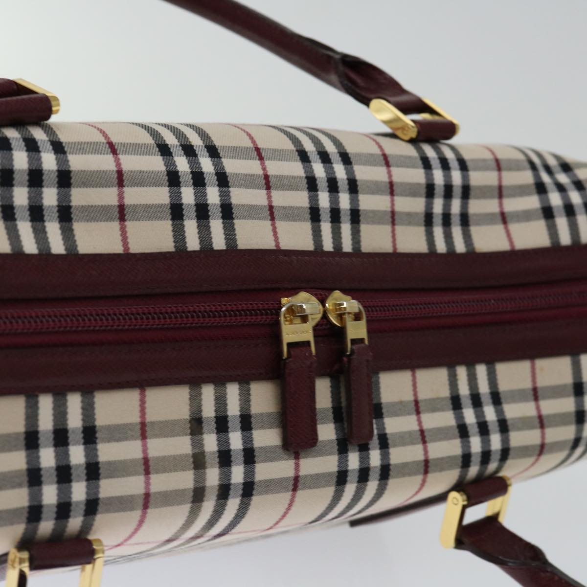 BURBERRY Nova Check Hand Bag Canvas Leather Beige Wine Red Auth ki4316