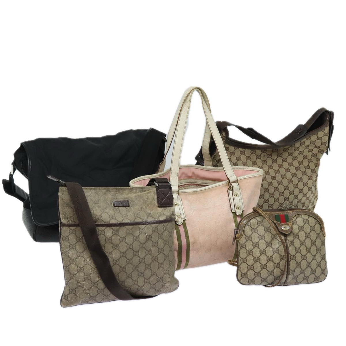 GUCCI GG Canvas Web Sherry Line Hand Bag 5Set Beige Pink black Auth ki4367