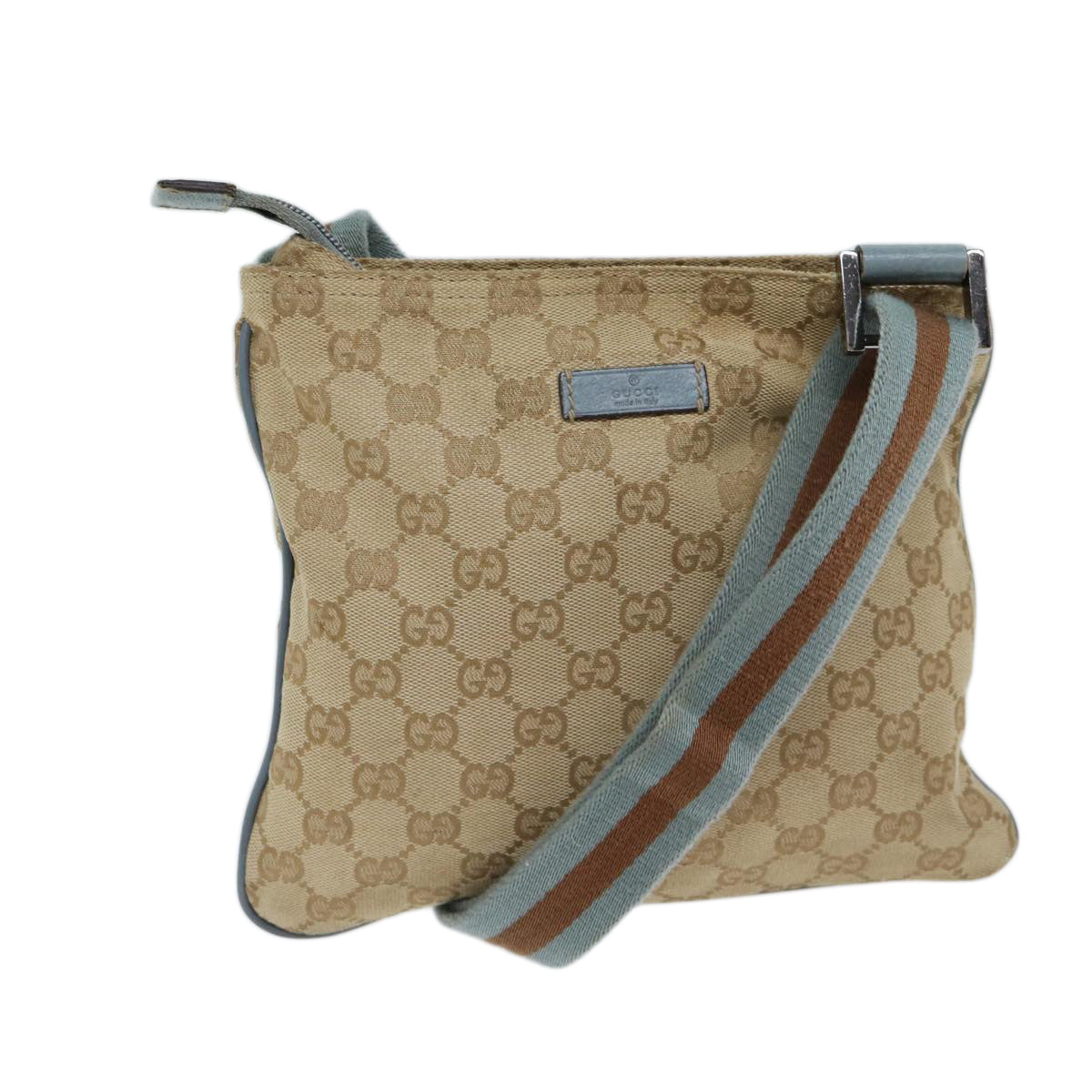 GUCCI GG Canvas Sherry Line Shoulder Bag Light Blue Brown 146309 Auth ki4375