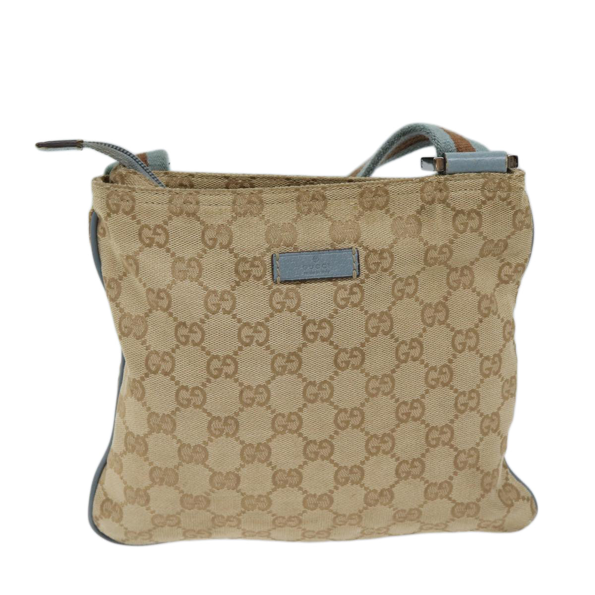 GUCCI GG Canvas Sherry Line Shoulder Bag Light Blue Brown 146309 Auth ki4375