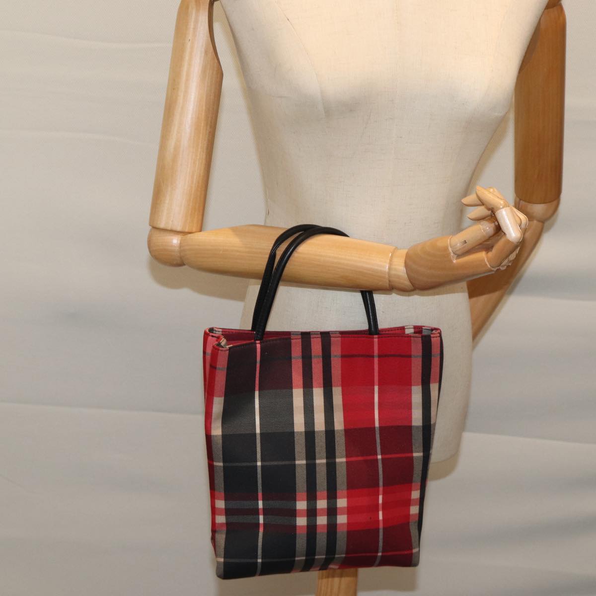 BURBERRY Nova Check Hand Bag Canvas Red Black Auth ki4392