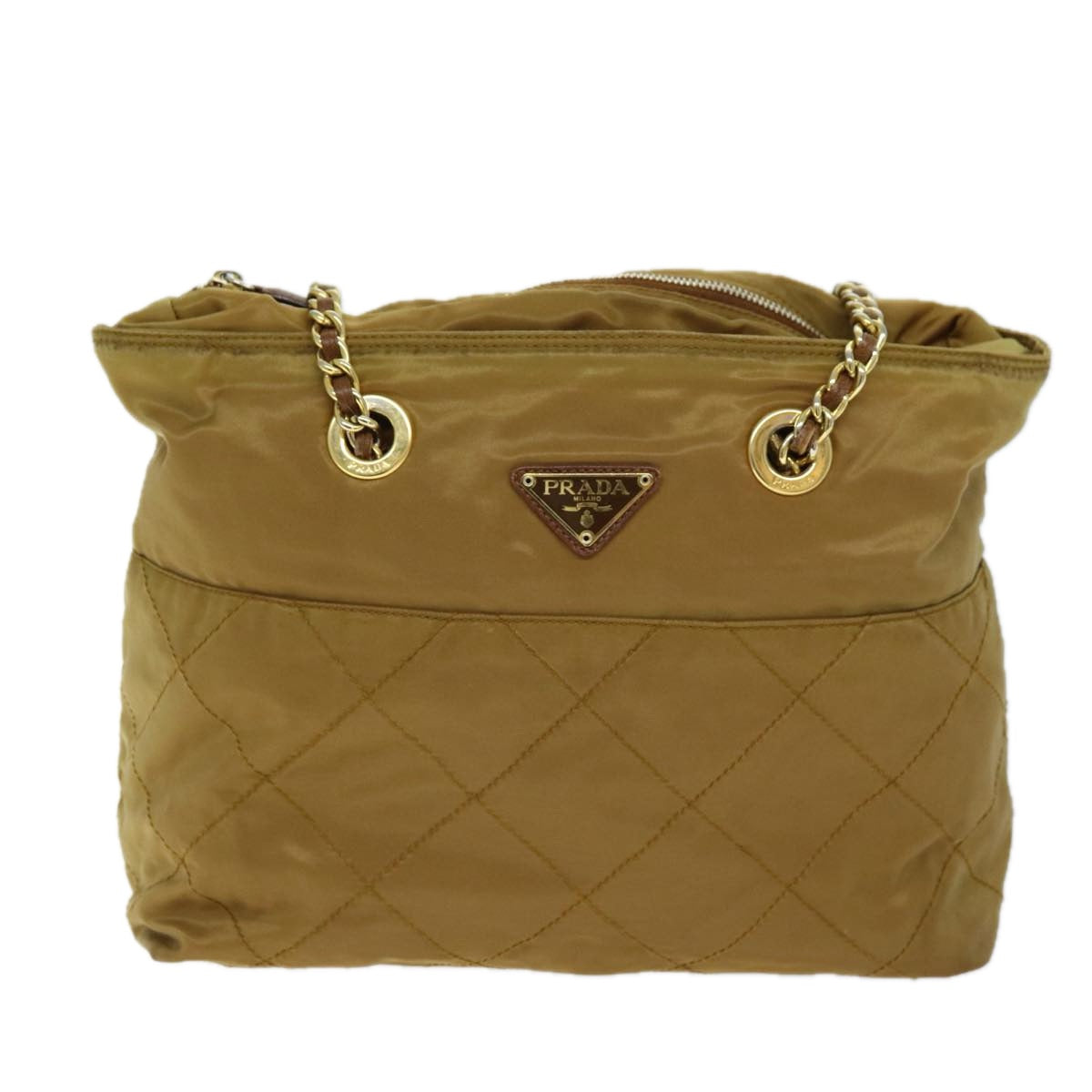 PRADA Quilted Chain Shoulder Bag Nylon Beige Auth ki4426