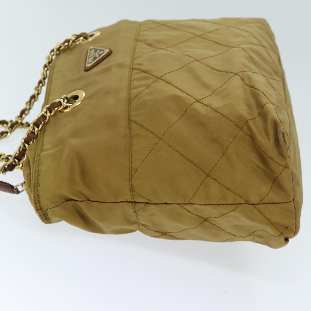 PRADA Quilted Chain Shoulder Bag Nylon Beige Auth ki4426