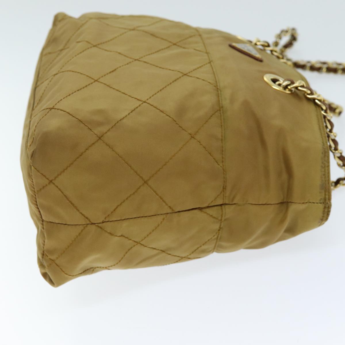 PRADA Quilted Chain Shoulder Bag Nylon Beige Auth ki4426