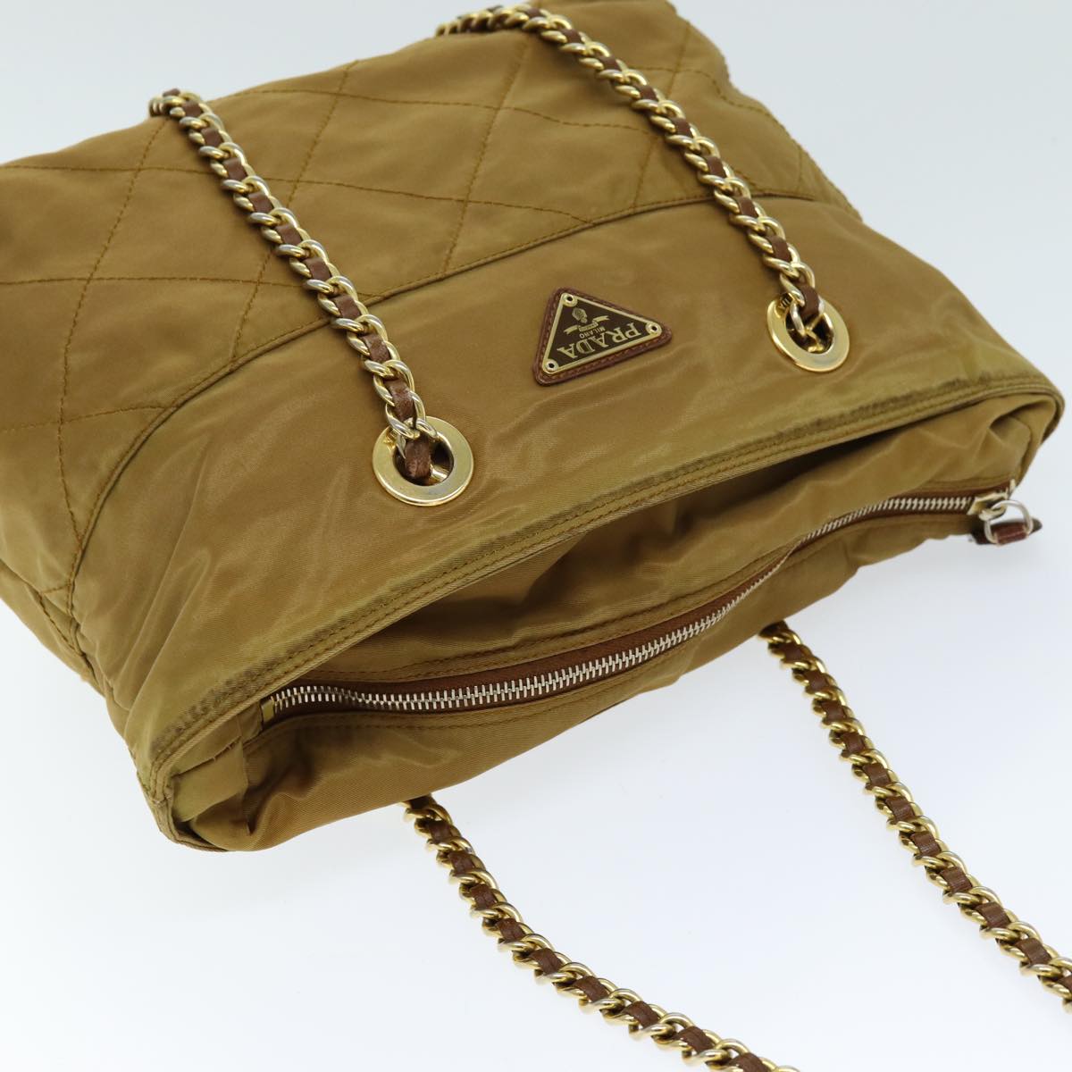 PRADA Quilted Chain Shoulder Bag Nylon Beige Auth ki4426