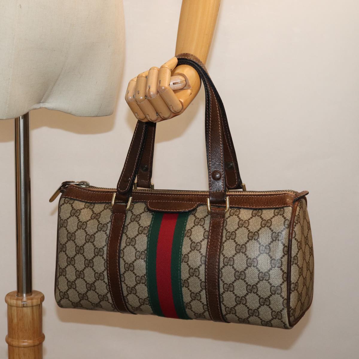 GUCCI GG Supreme Web Sherry Line Boston Bag PVC Beige Red Green Auth ki4475