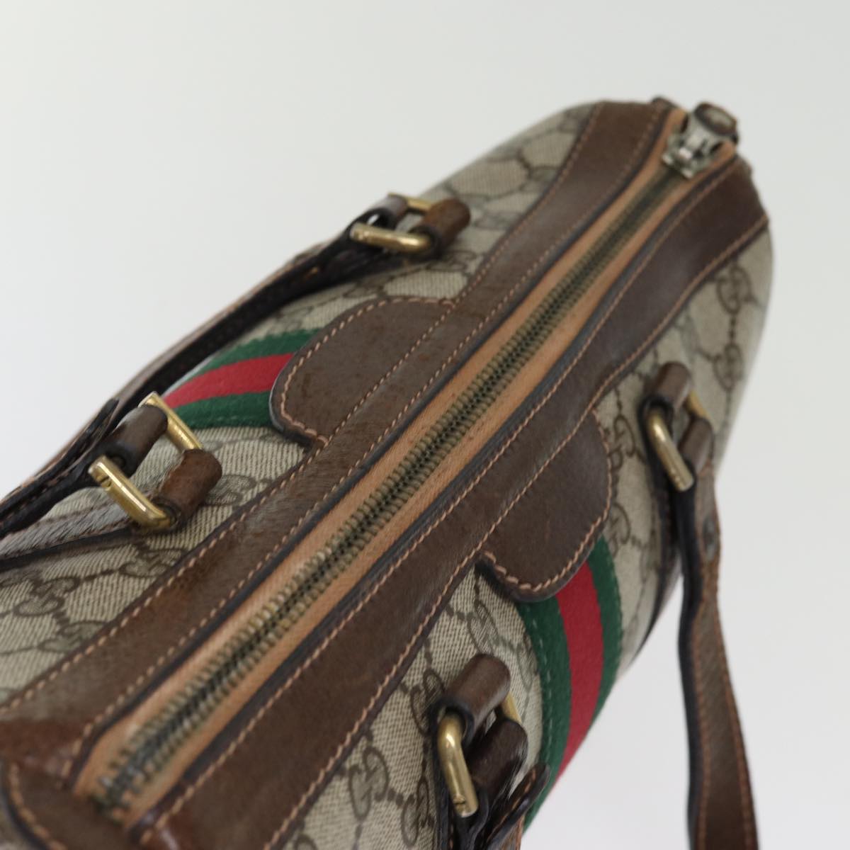 GUCCI GG Supreme Web Sherry Line Boston Bag PVC Beige Red Green Auth ki4475