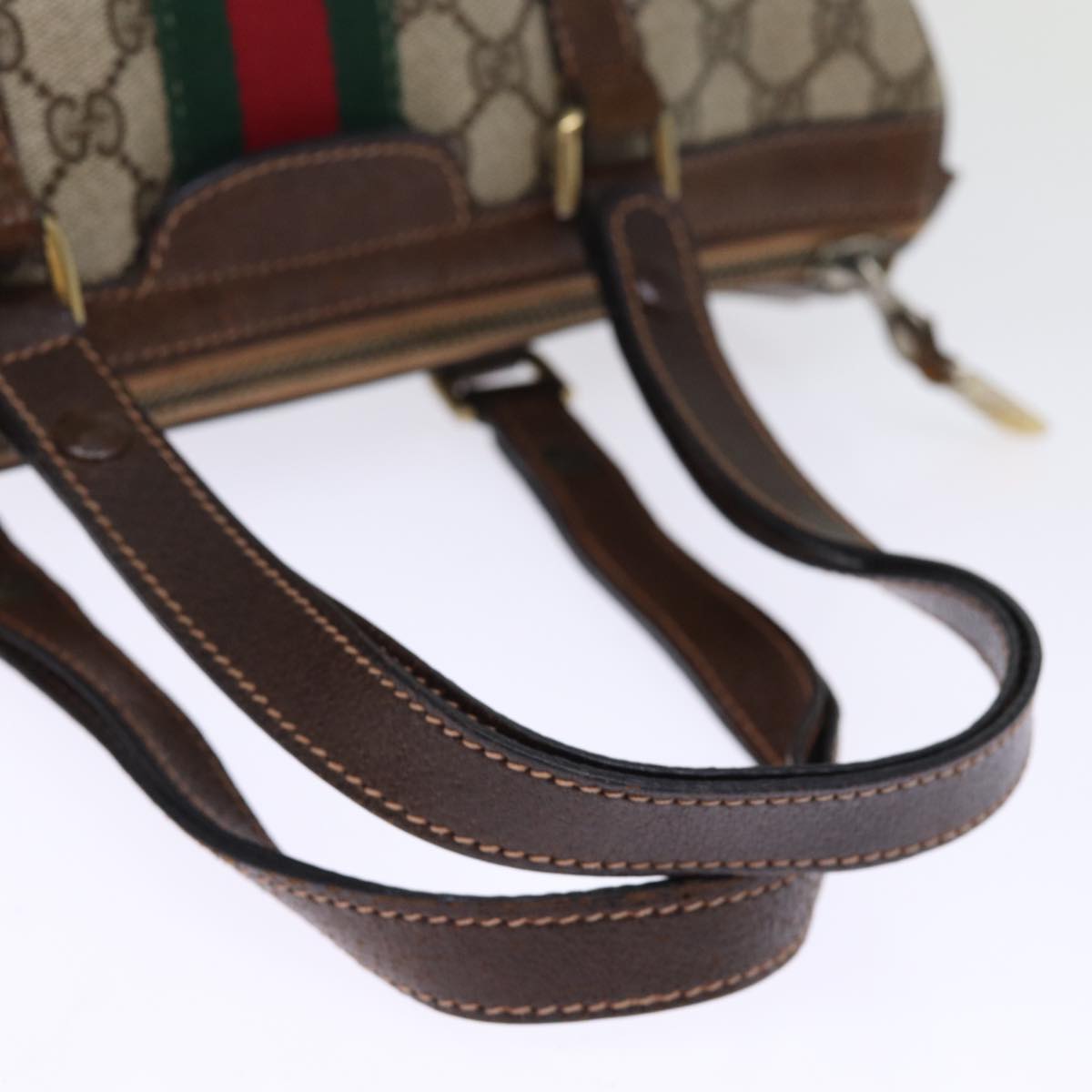 GUCCI GG Supreme Web Sherry Line Boston Bag PVC Beige Red Green Auth ki4475