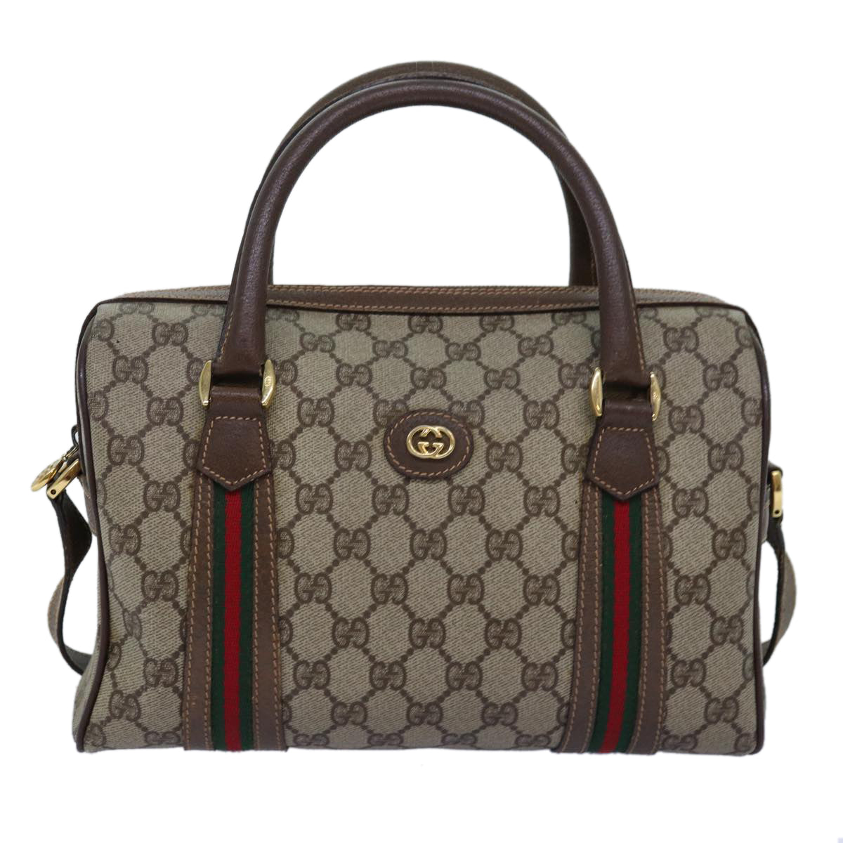 GUCCI GG Supreme Web Sherry Line Boston Bag PVC 2way Beige Red Green Auth ki4476