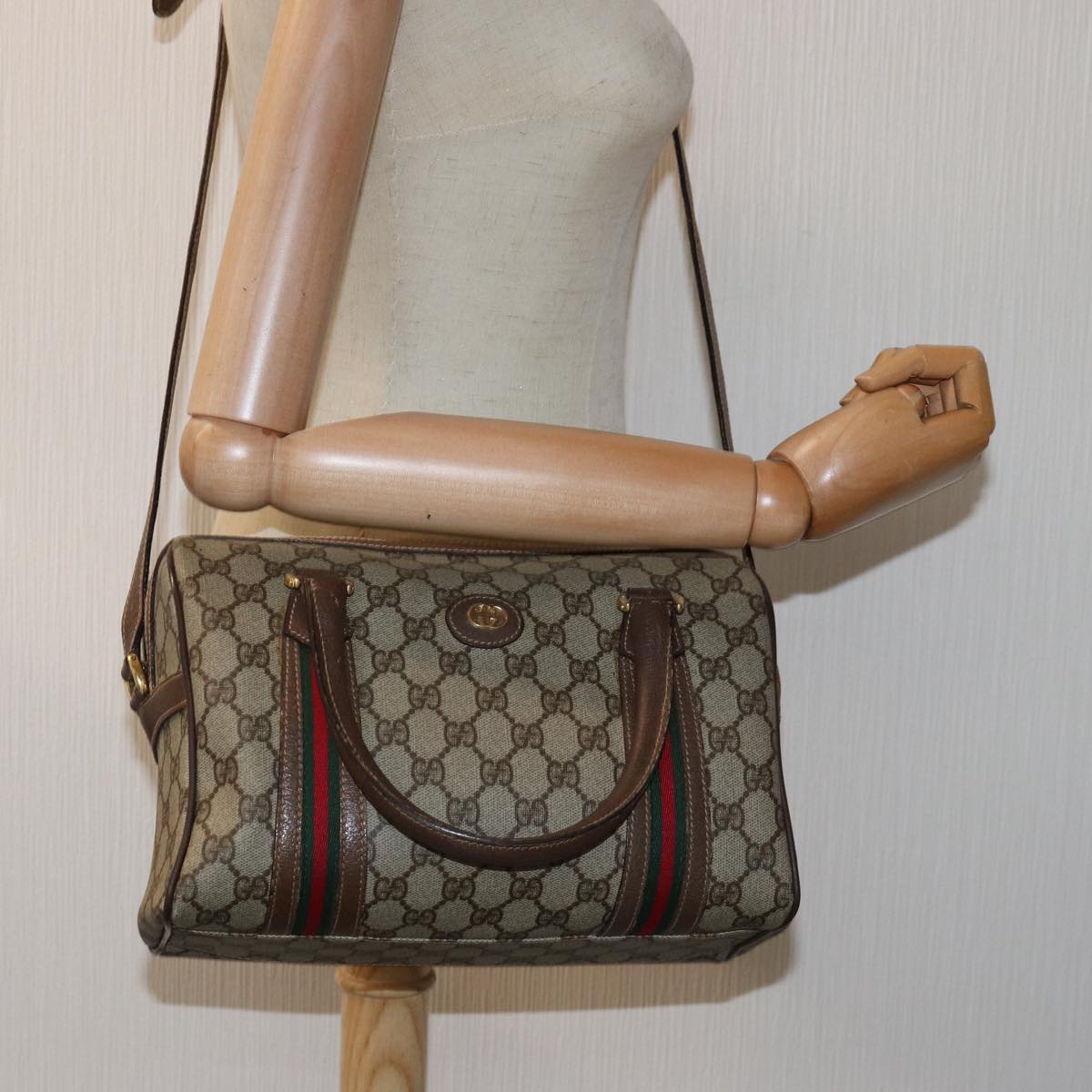 GUCCI GG Supreme Web Sherry Line Boston Bag PVC 2way Beige Red Green Auth ki4476