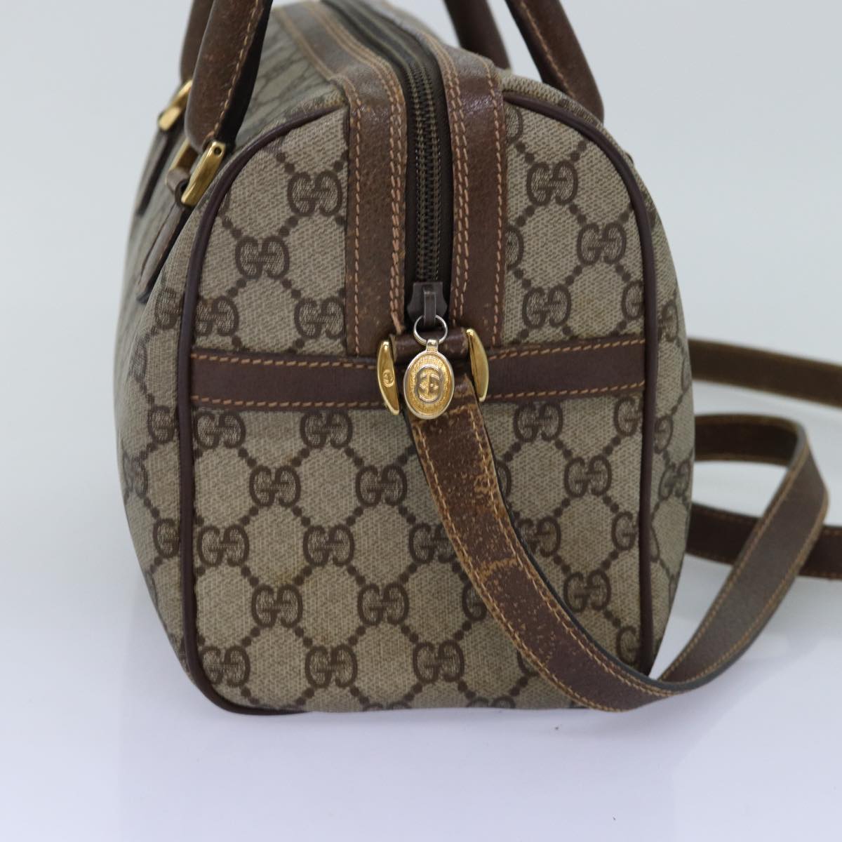 GUCCI GG Supreme Web Sherry Line Boston Bag PVC 2way Beige Red Green Auth ki4476