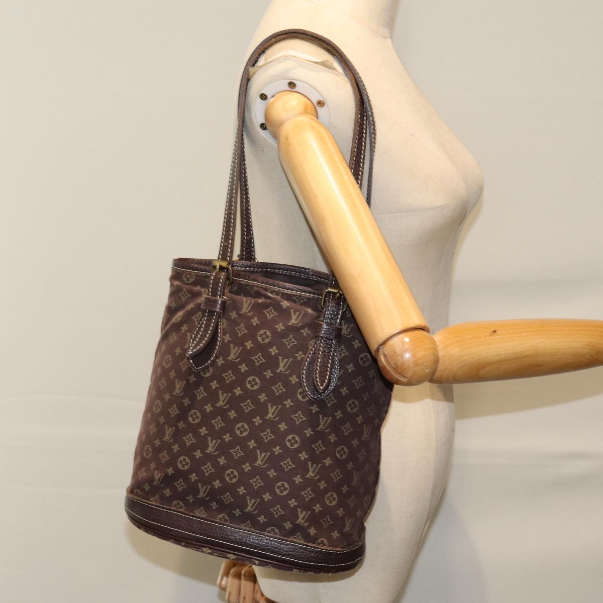 LOUIS VUITTON Monogram Mini Lin Bucket PM Shoulder Bag Brown M95226 Auth ki4480