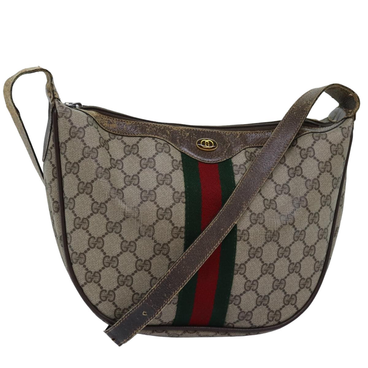 GUCCI GG Supreme Web Sherry Line Shoulder Bag PVC Leather Beige Auth ki4490