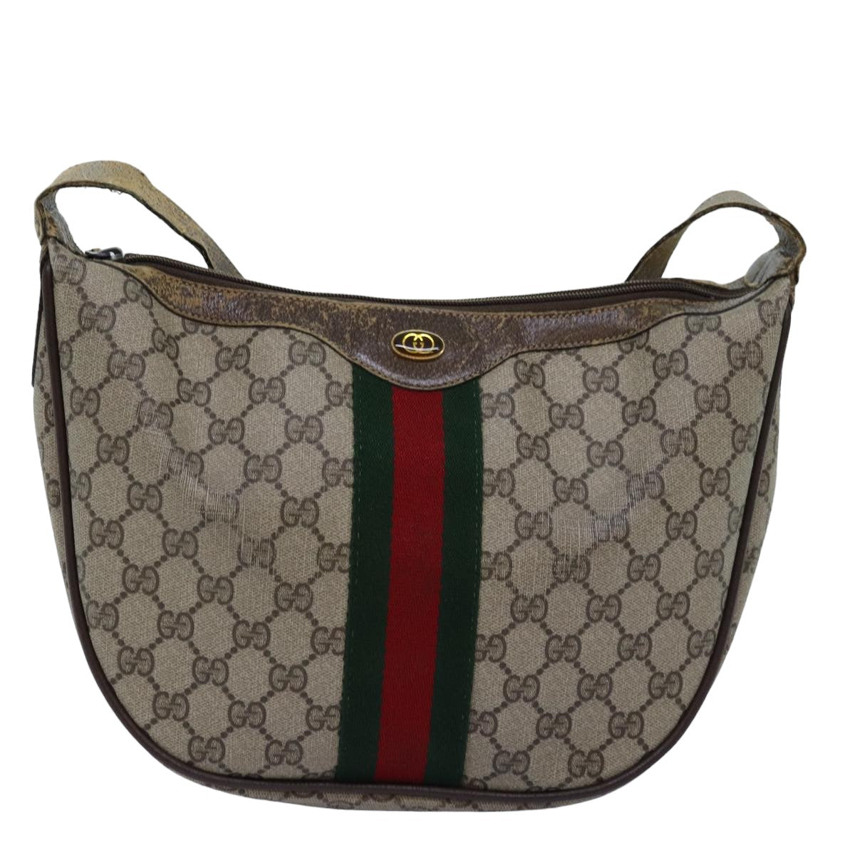 GUCCI GG Supreme Web Sherry Line Shoulder Bag PVC Leather Beige Auth ki4490