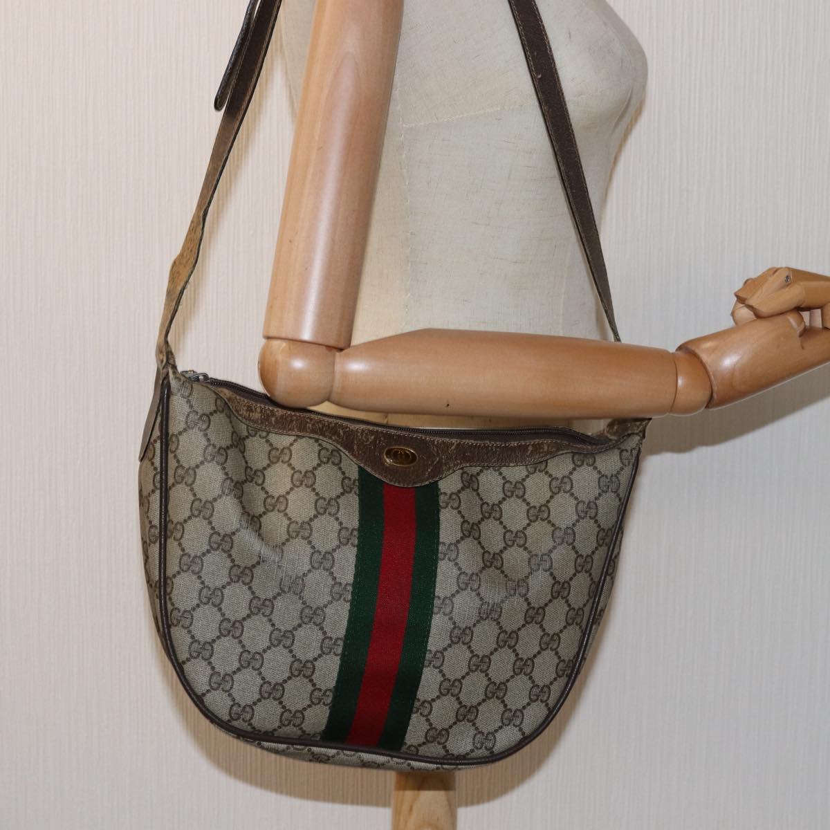 GUCCI GG Supreme Web Sherry Line Shoulder Bag PVC Leather Beige Auth ki4490