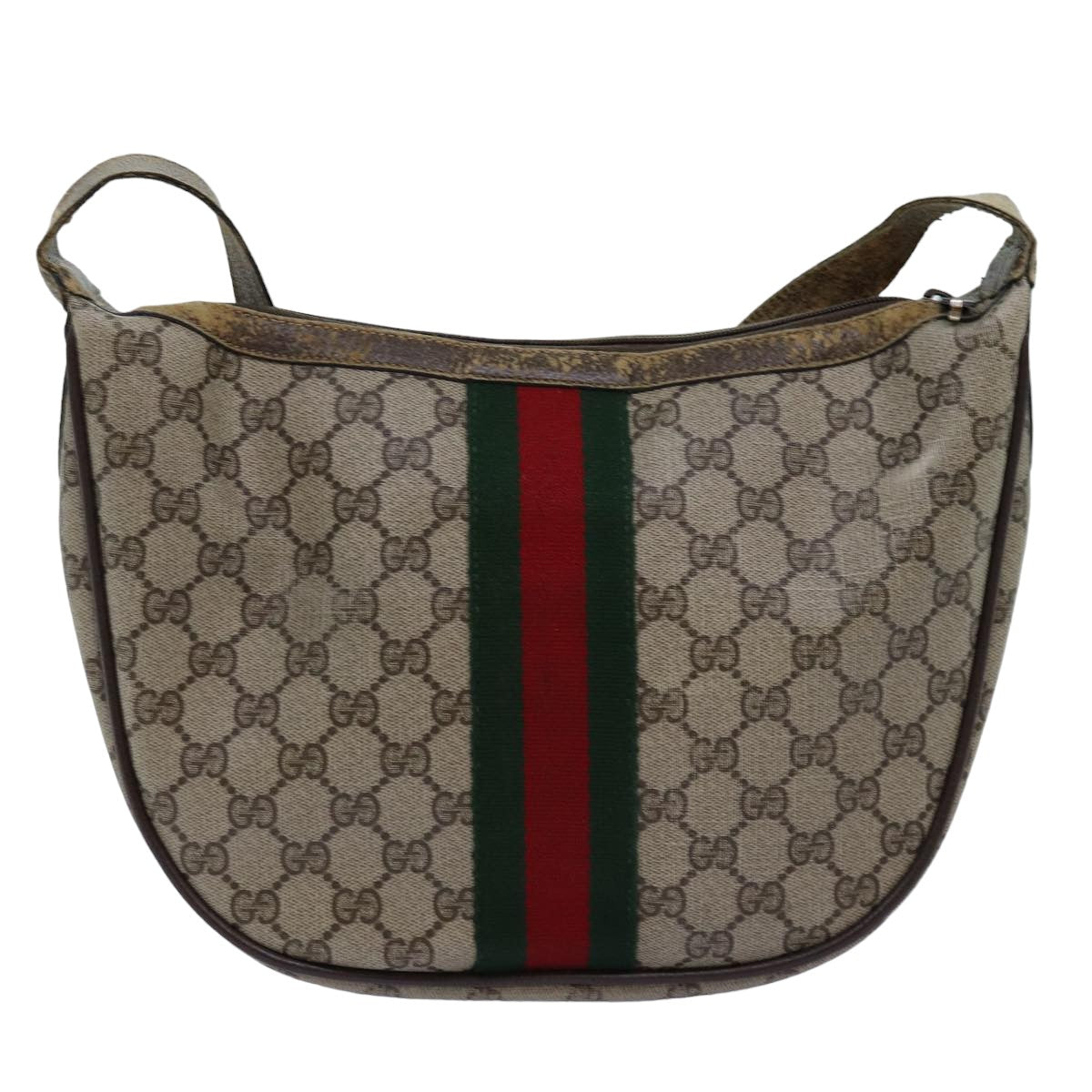 GUCCI GG Supreme Web Sherry Line Shoulder Bag PVC Leather Beige Auth ki4490