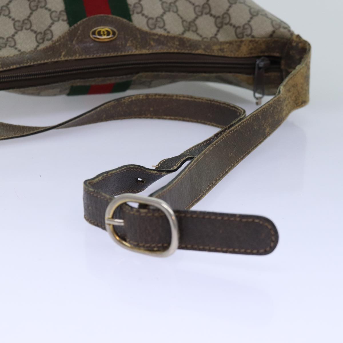 GUCCI GG Supreme Web Sherry Line Shoulder Bag PVC Leather Beige Auth ki4490