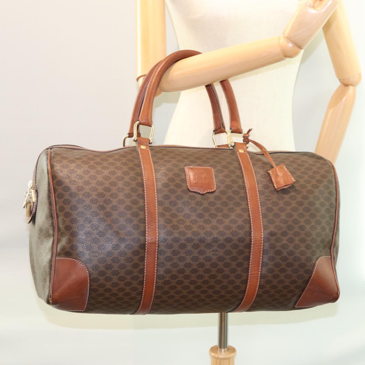 CELINE Macadam Canvas Boston Bag PVC Leather Brown Auth ki4504