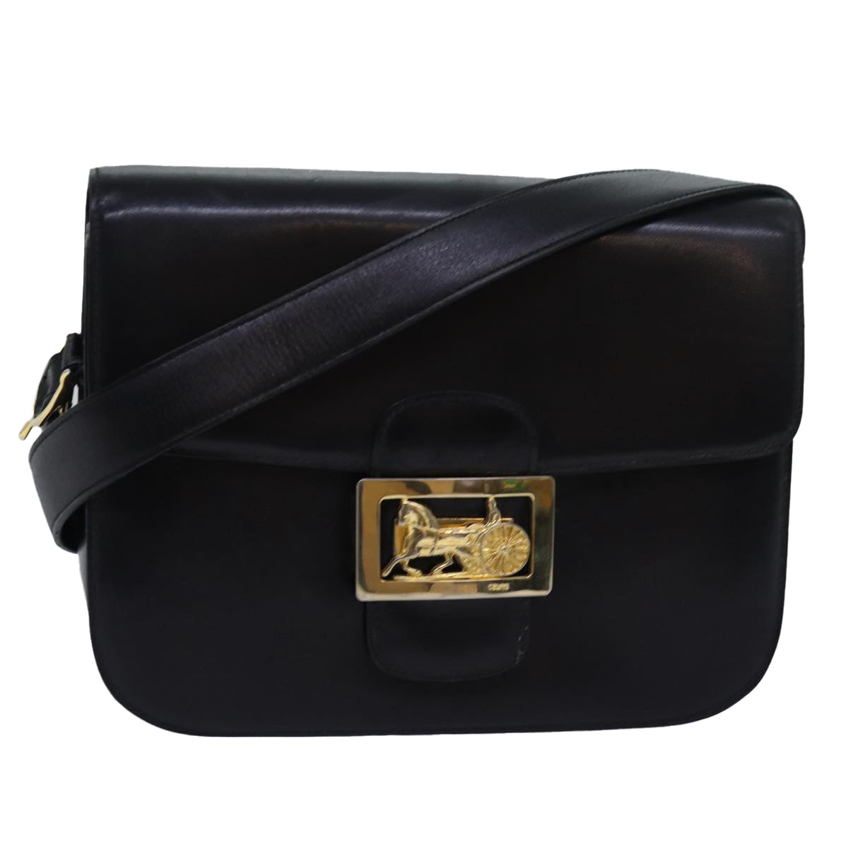 CELINE Horse Carriage Shoulder Bag Leather Black Auth ki4569