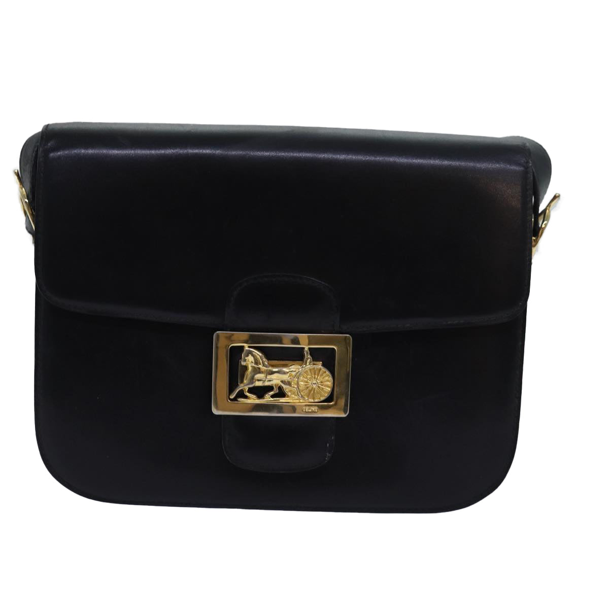 CELINE Horse Carriage Shoulder Bag Leather Black Auth ki4569