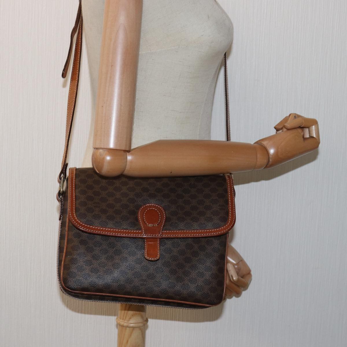 CELINE Macadam Canvas Shoulder Bag PVC Leather Brown Auth ki4579