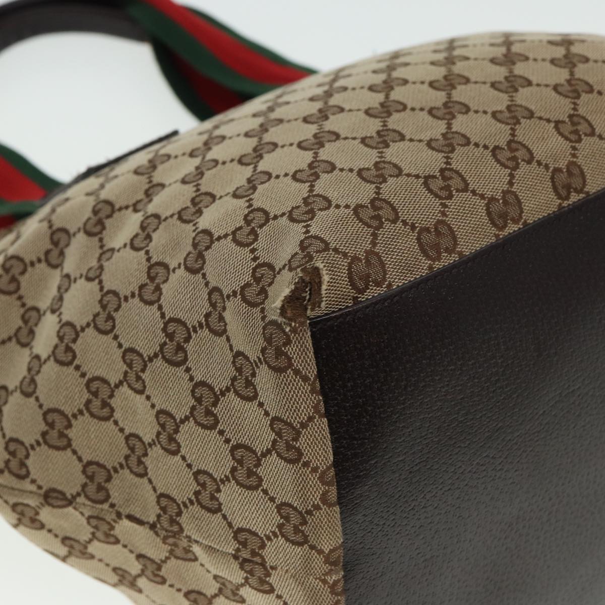 GUCCI GG Canvas Web Sherry Line Tote Bag Beige Red Green 131230 Auth ki4581