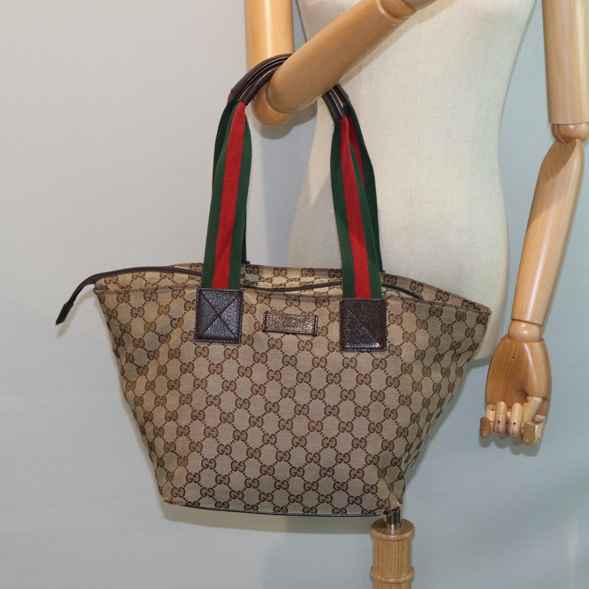 GUCCI GG Canvas Web Sherry Line Tote Bag Beige Red Green 131230 Auth ki4581