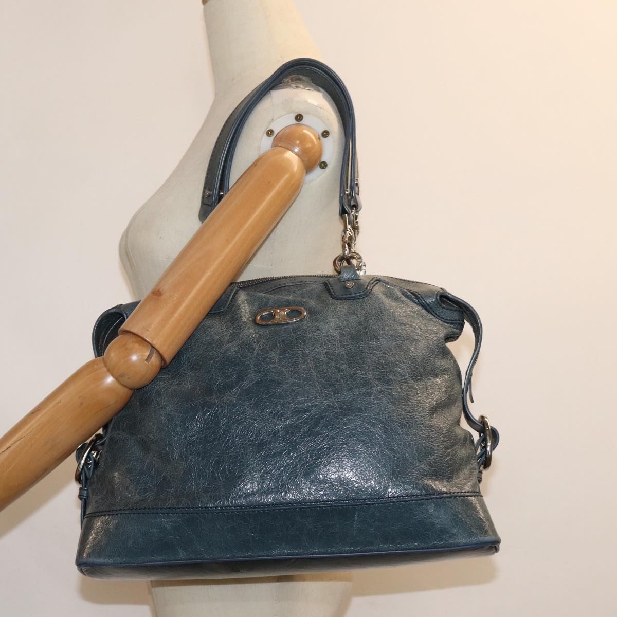 CELINE Tote Bag Leather Blue Auth ki4598