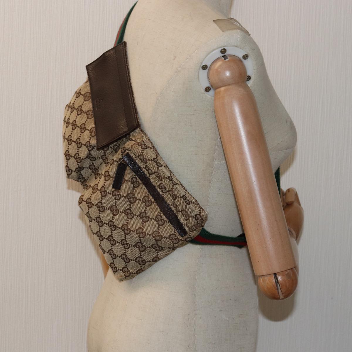 GUCCI GG Canvas Web Sherry Line Waist bag Beige Red Green 28566 Auth ki4620