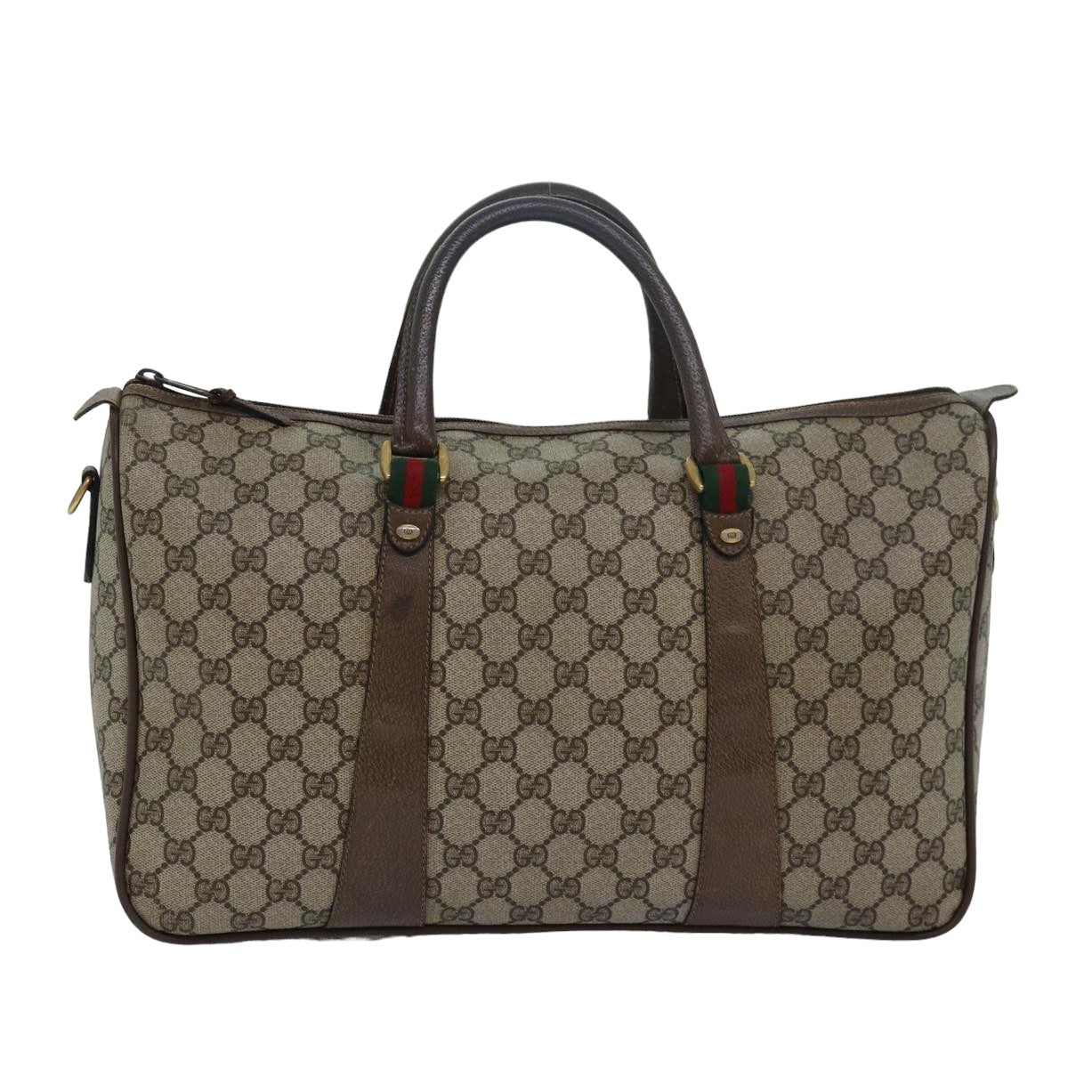 GUCCI GG Supreme Web Sherry Line Boston Bag PVC Leather Beige Auth ki4633