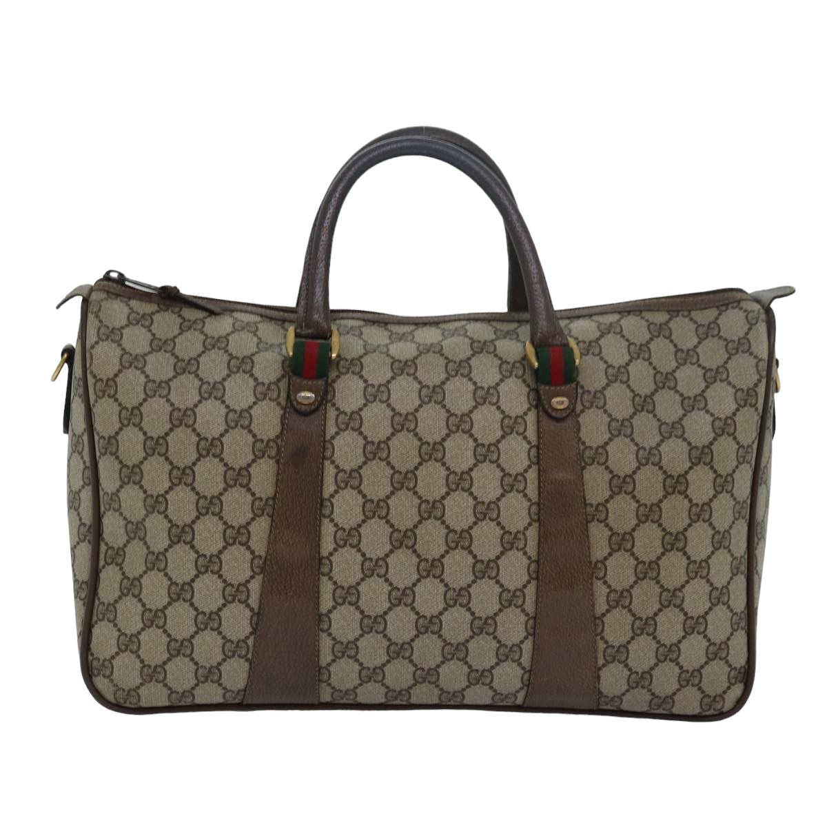 GUCCI GG Supreme Web Sherry Line Boston Bag PVC Leather Beige Auth ki4633 - 0