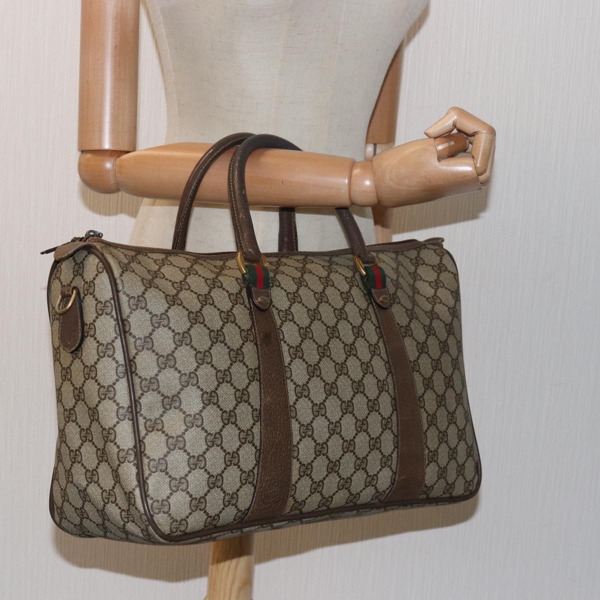 GUCCI GG Supreme Web Sherry Line Boston Bag PVC Leather Beige Auth ki4633