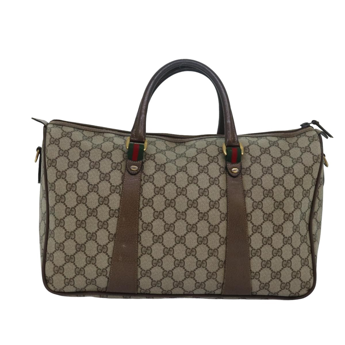 GUCCI GG Supreme Web Sherry Line Boston Bag PVC Leather Beige Auth ki4633