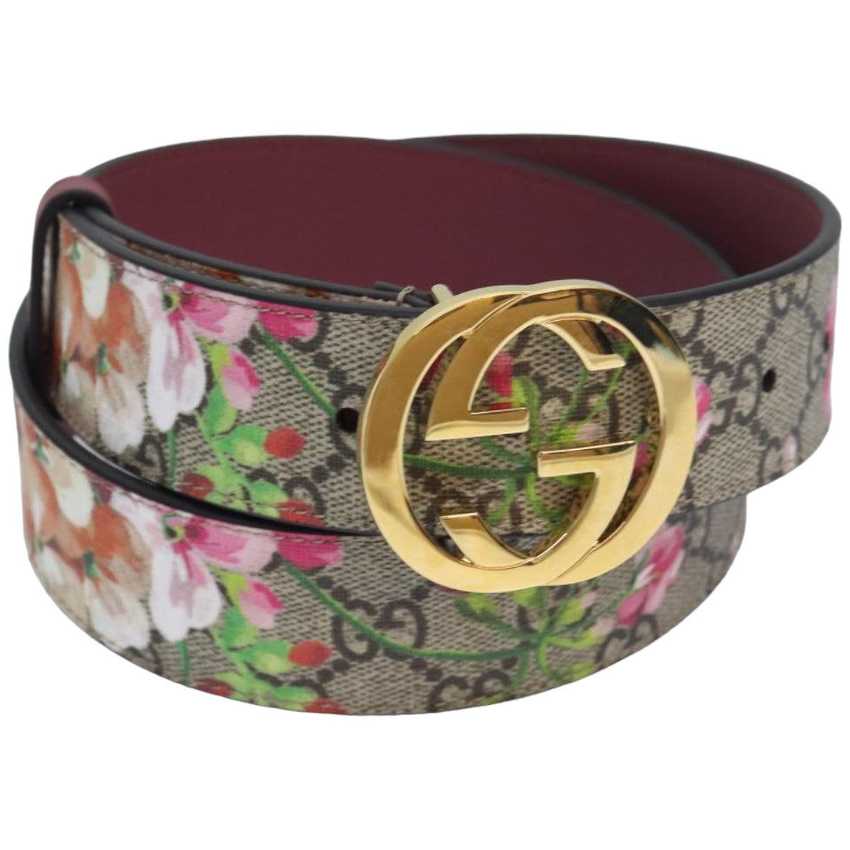 GUCCI GG Blooms Belt PVC 37.4"" Beige 370543 Auth ki4672