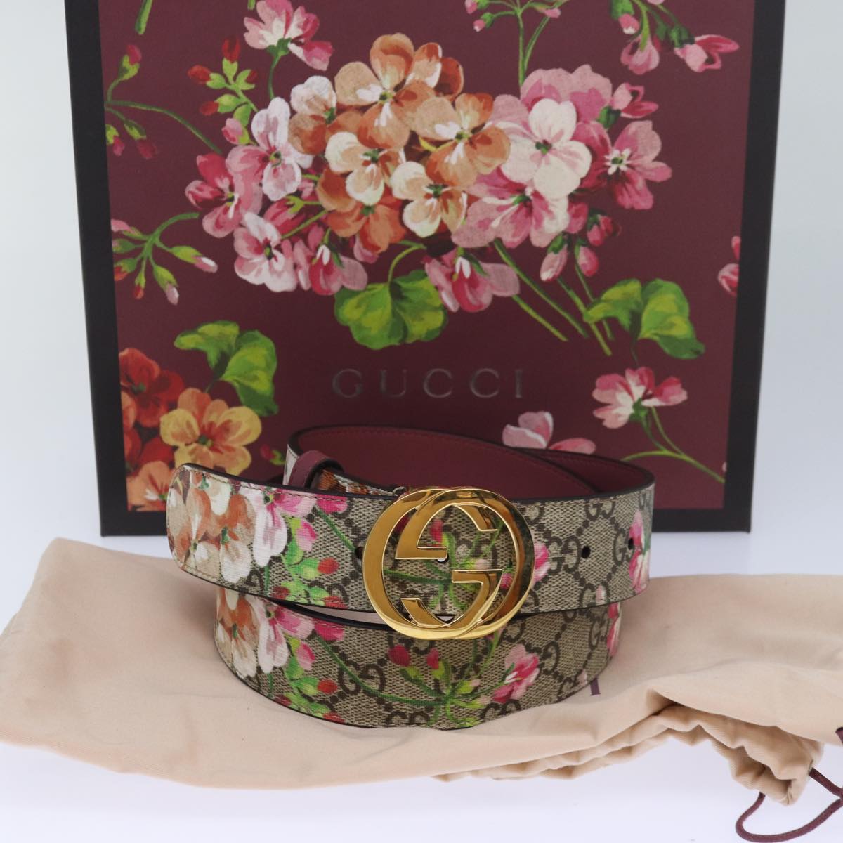 GUCCI GG Blooms Belt PVC 37.4"" Beige 370543 Auth ki4672