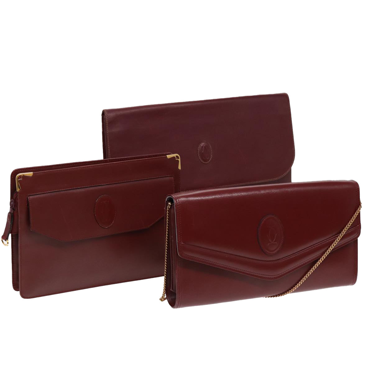 CARTIER Must Line Shoulder Bag Clutch Bag Leather 3Set Wine Red Auth ki4681