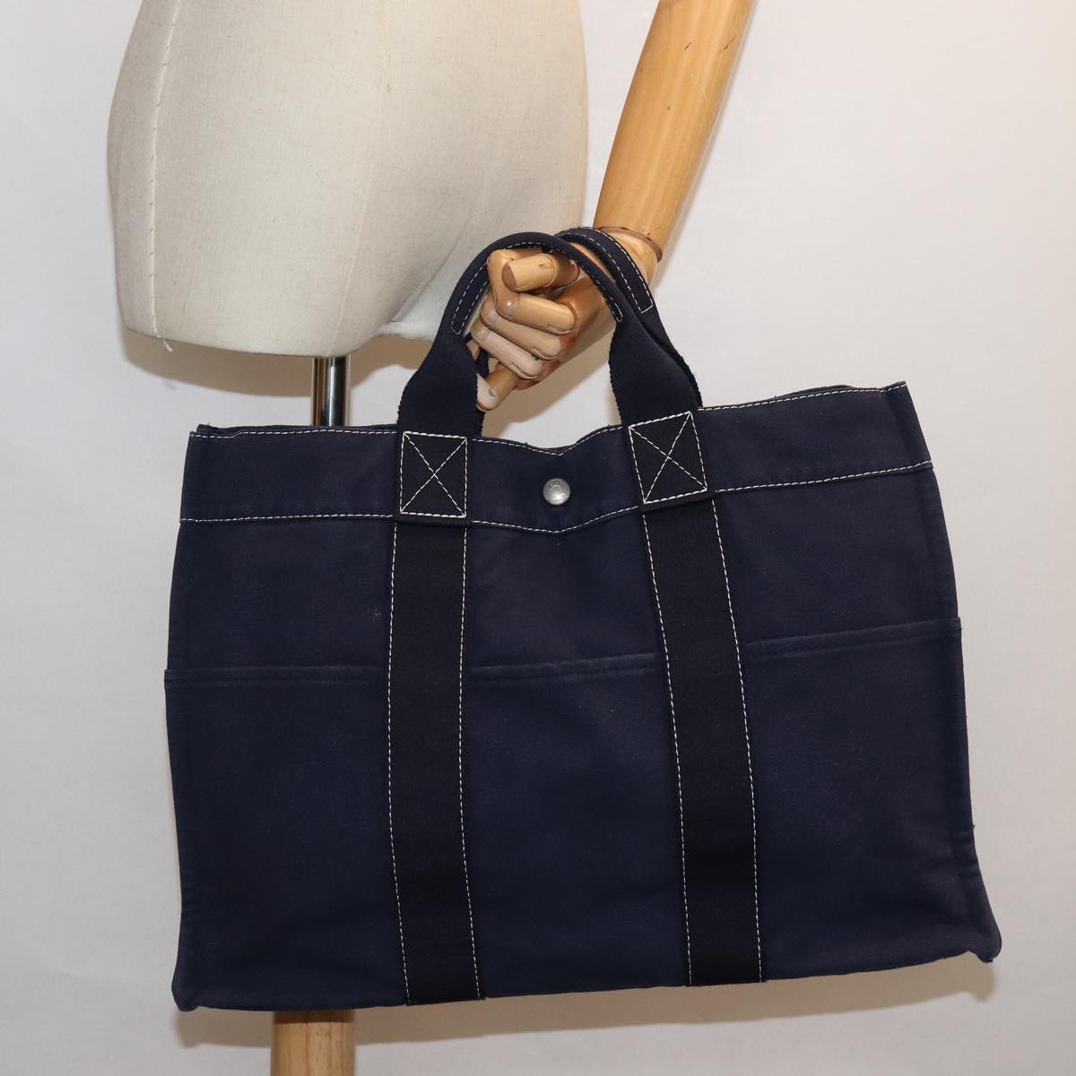 HERMES Fourre Tout MM Hand Bag Canvas Navy Auth ki4693