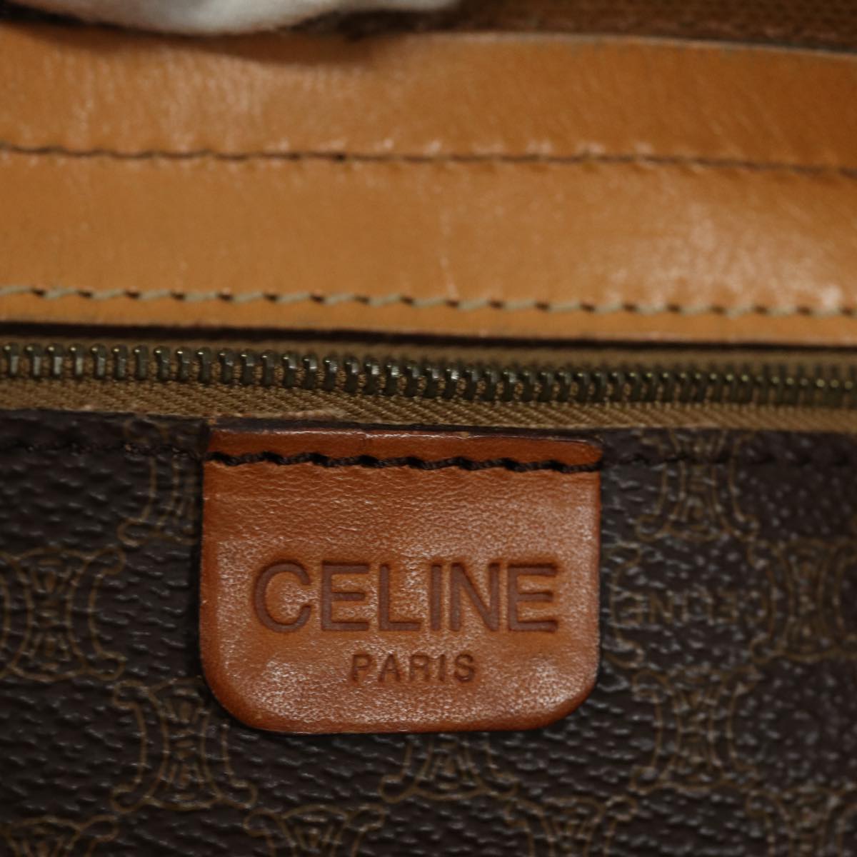 CELINE Macadam Canvas Boston Bag PVC Leather Brown Gold Auth ki4702