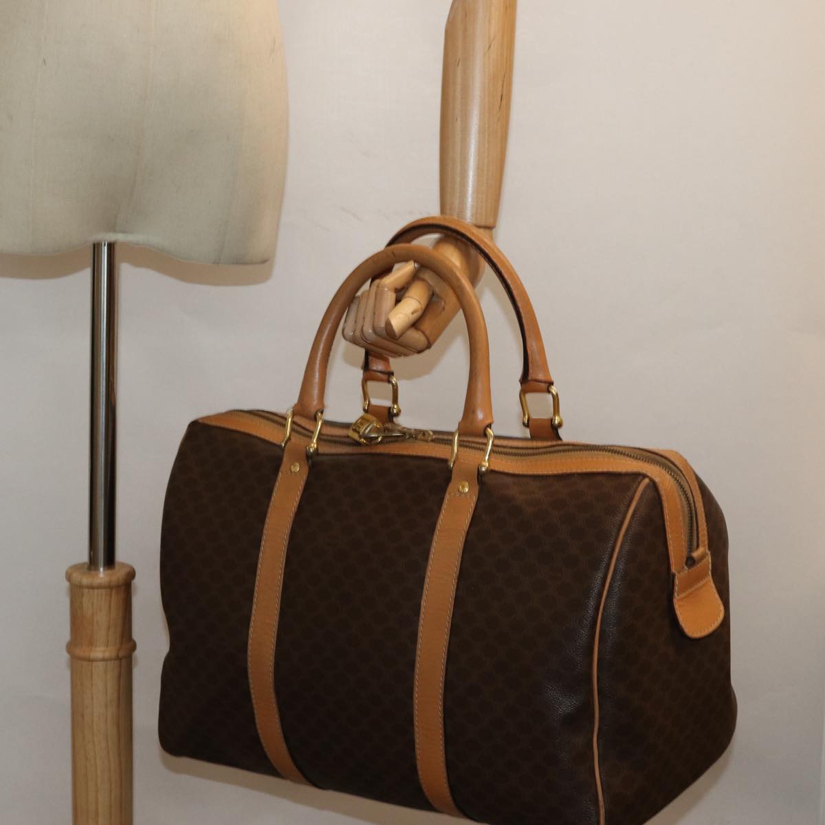 CELINE Macadam Canvas Boston Bag PVC Leather Brown Gold Auth ki4702