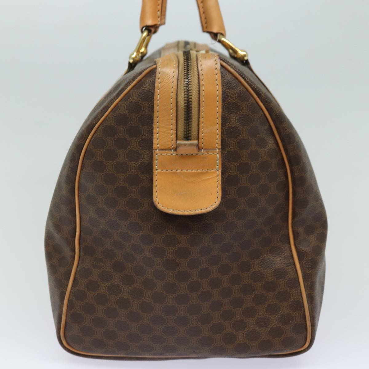 CELINE Macadam Canvas Boston Bag PVC Leather Brown Gold Auth ki4702