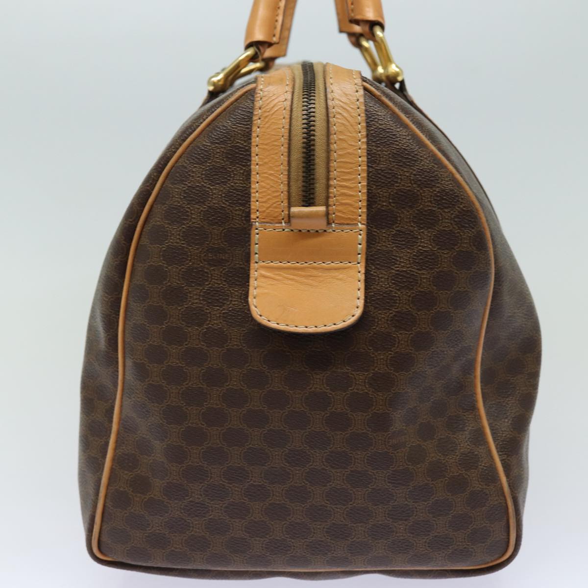 CELINE Macadam Canvas Boston Bag PVC Leather Brown Gold Auth ki4702