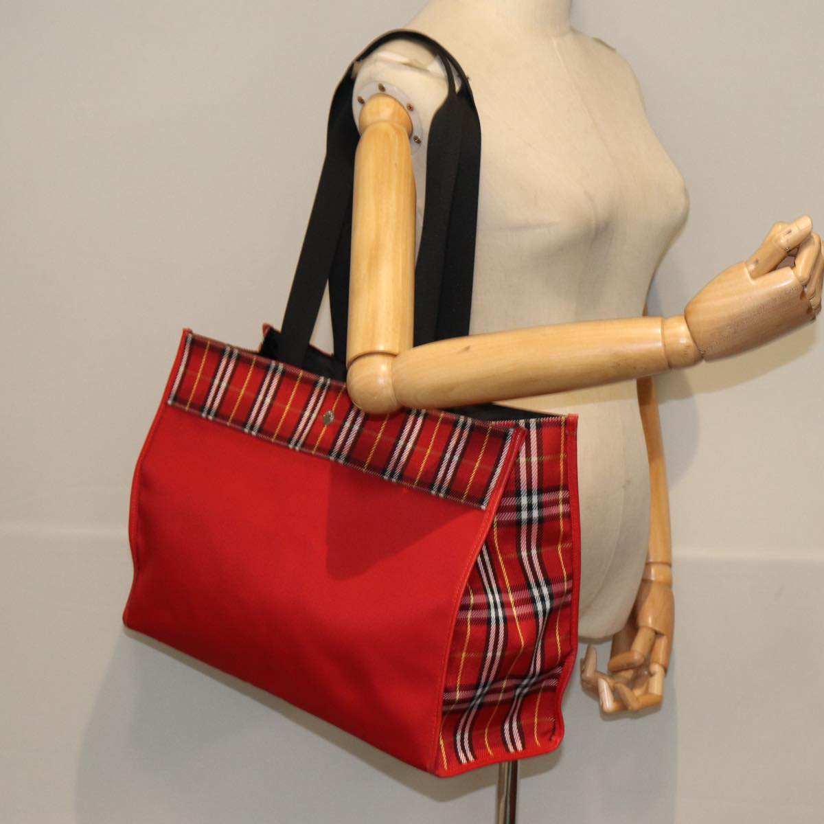 BURBERRY Nova Check Tote Bag Nylon Red Silver Auth ki4714