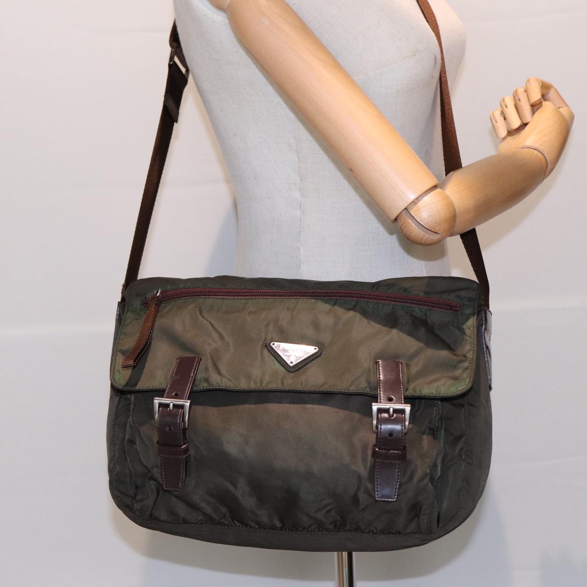 PRADA Shoulder Bag Nylon Khaki Silver Auth ki4728