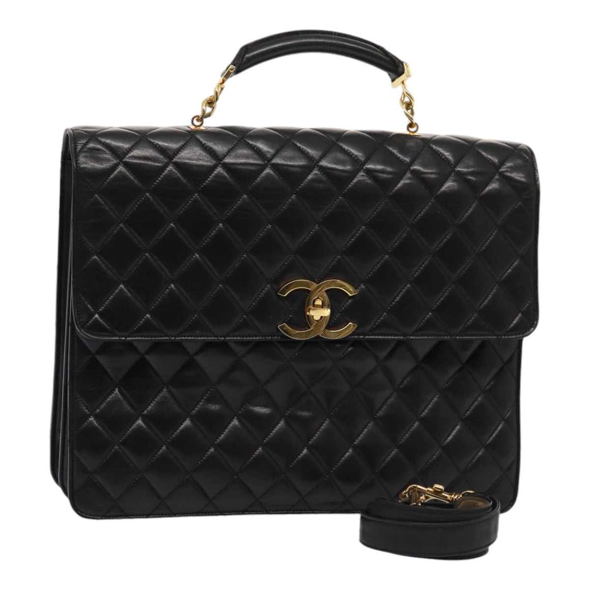 CHANEL Matelasse Business Bag Lamb Skin 2way Black Gold CC Auth ki4737