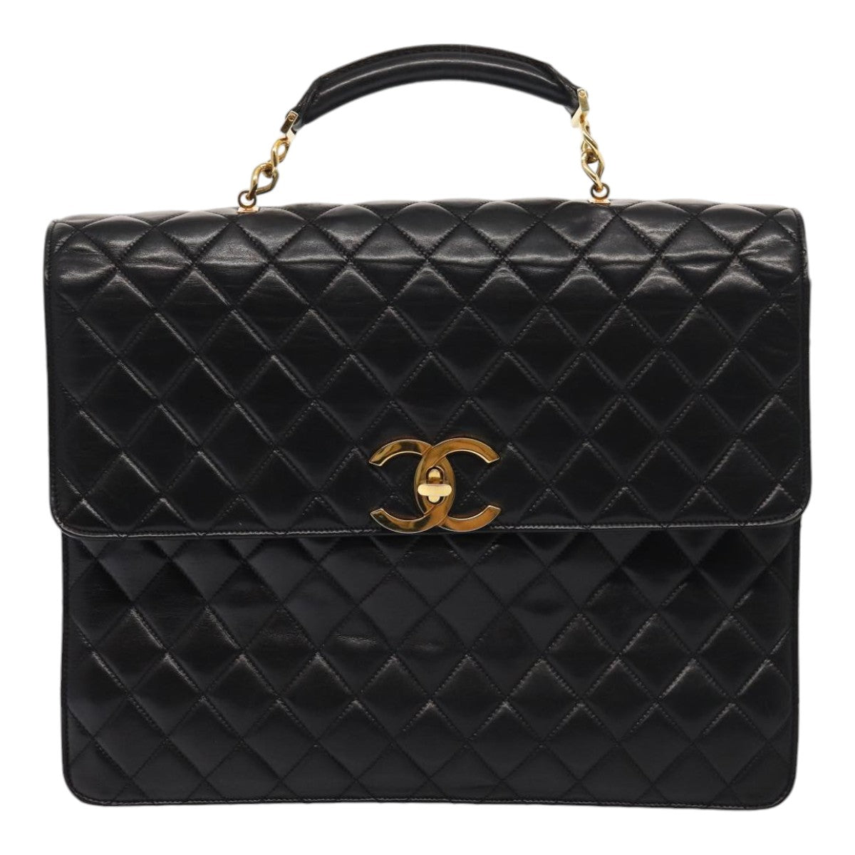 CHANEL Matelasse Business Bag Lamb Skin 2way Black Gold CC Auth ki4737